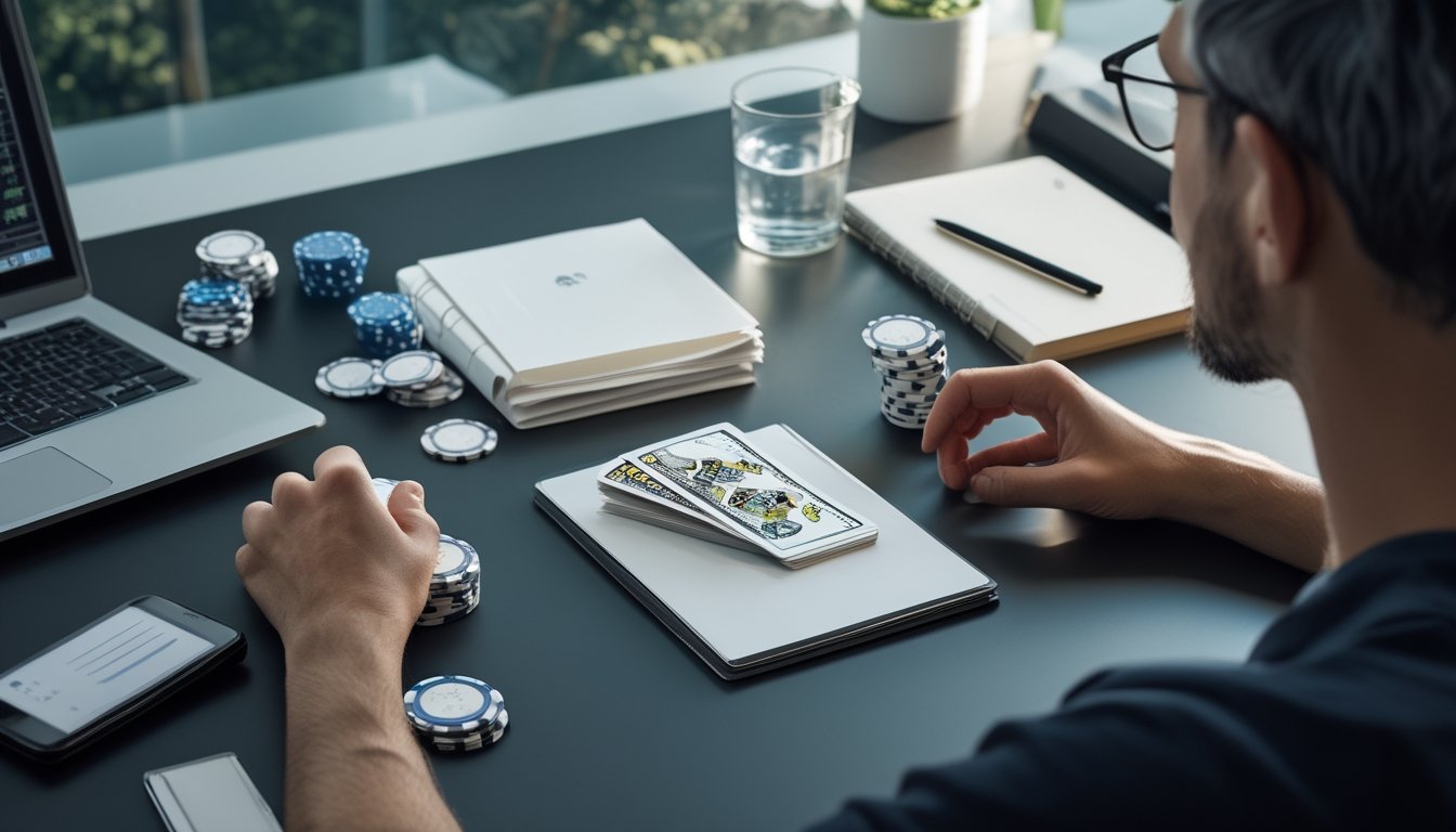 Pemain poker dengan tenang menata chip, uang, dan alat perencanaan anggaran di meja kerja.