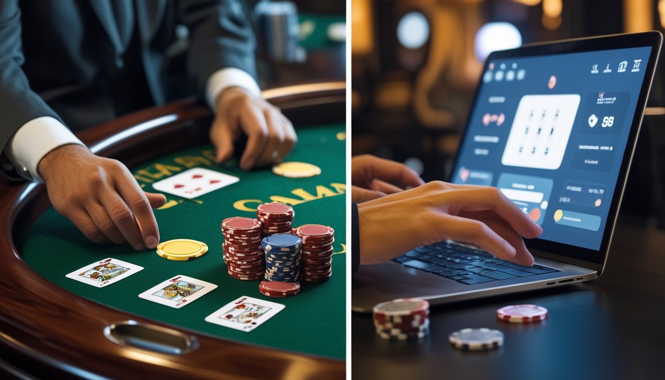 Perbandingan permainan kartu Red Dog klasik di meja kasino dan versi taruhan online melalui laptop dan ponsel.
