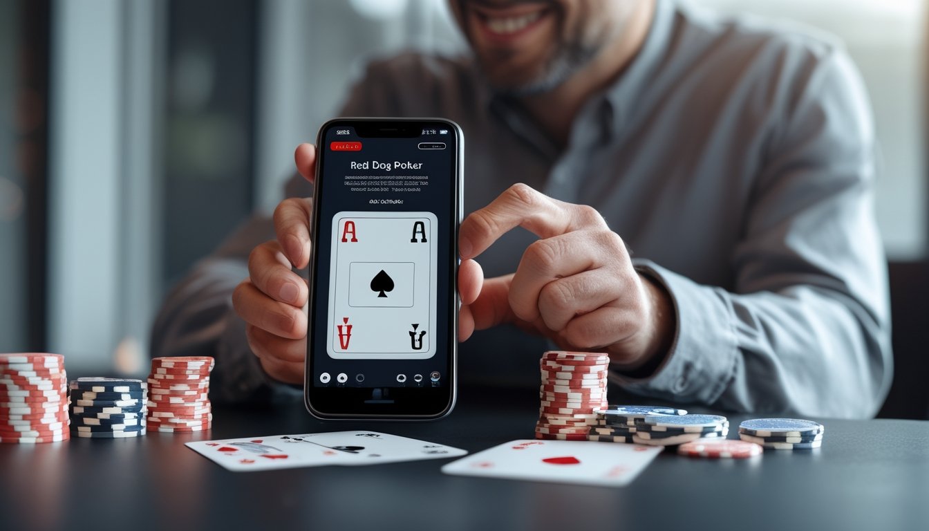 Seorang pemain dewasa tersenyum sambil memegang ponsel di dekat kartu poker dan tumpukan chip.