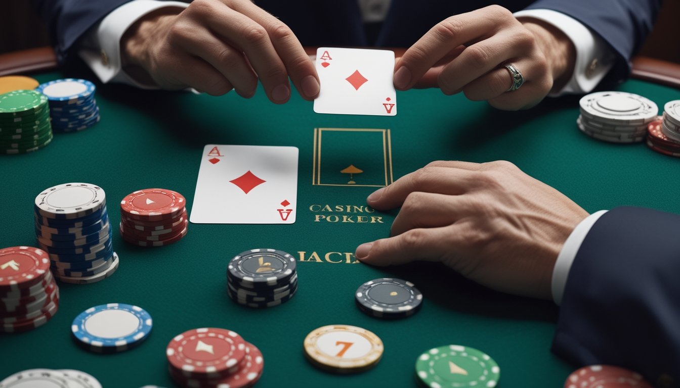 Meja kasino dengan kartu poker, keping taruhan, dan tangan pemain yang sedang mempertimbangkan risiko.