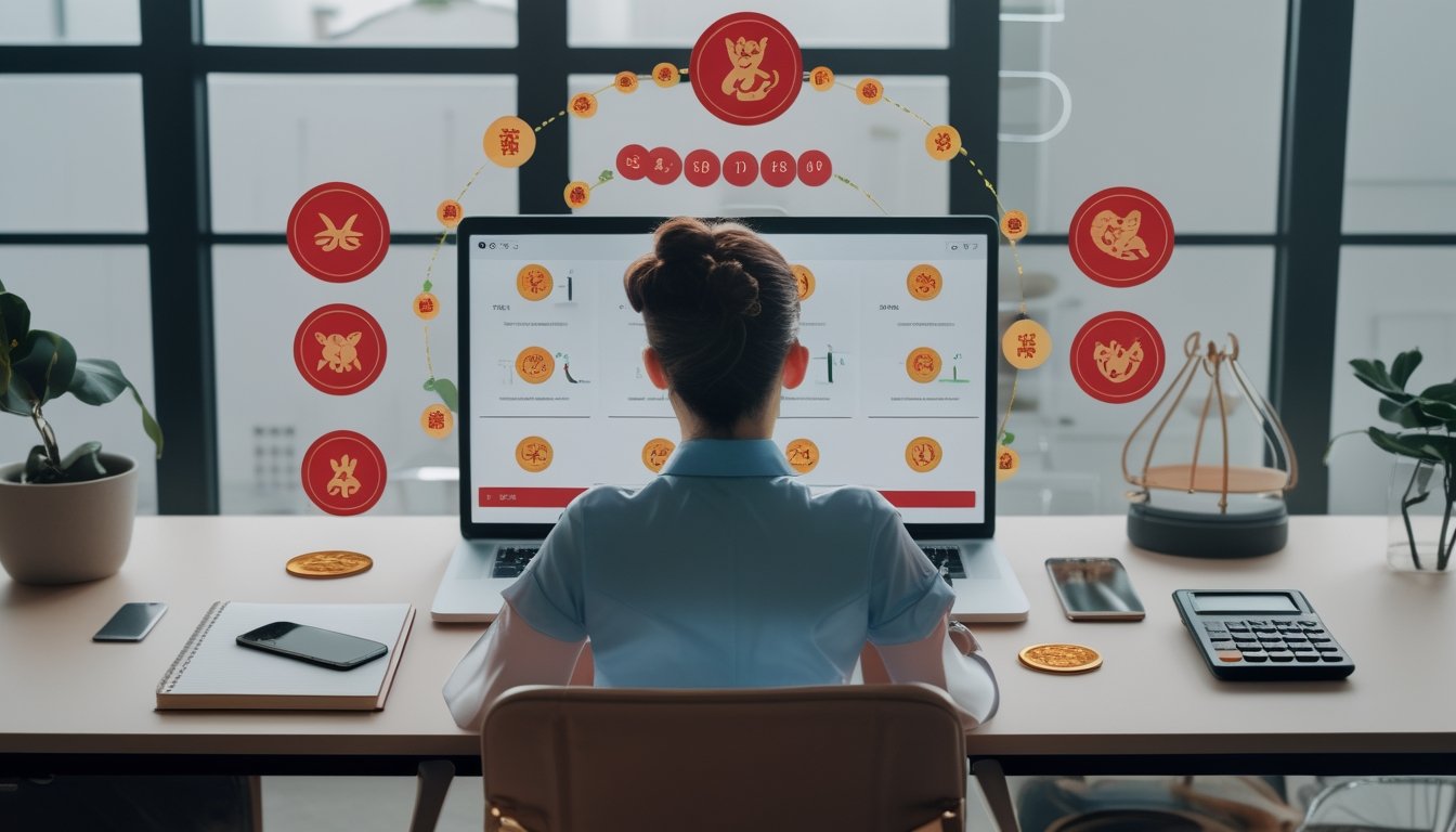 Seseorang menganalisis simbol zodiak Tionghoa dan data abstrak di meja kerja menggunakan laptop.