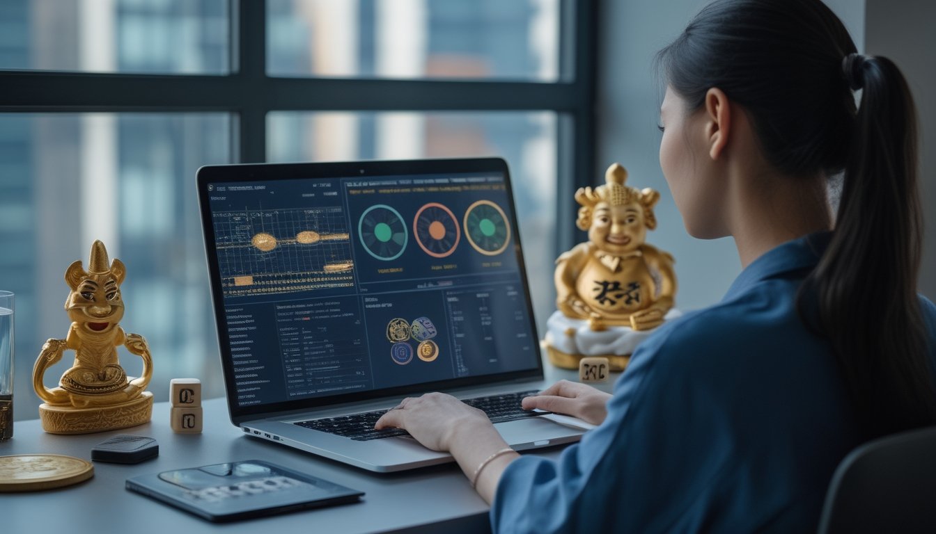 Seseorang menganalisis data abstrak di laptop dengan simbol zodiak Tionghoa dan benda yang melambangkan peluang serta keacakan.