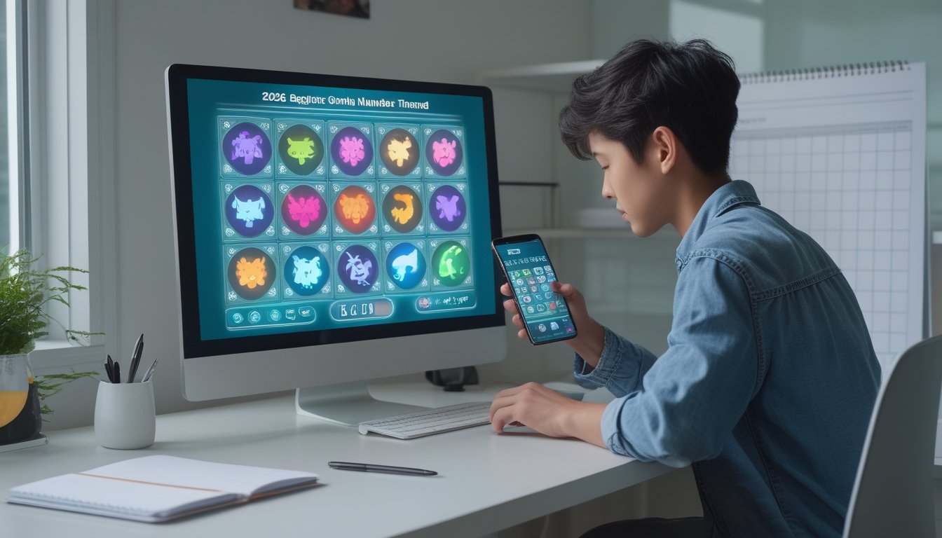 Seorang pemula mempelajari simbol zodiak dan grafik digital menggunakan laptop dan ponsel di meja kerja modern.