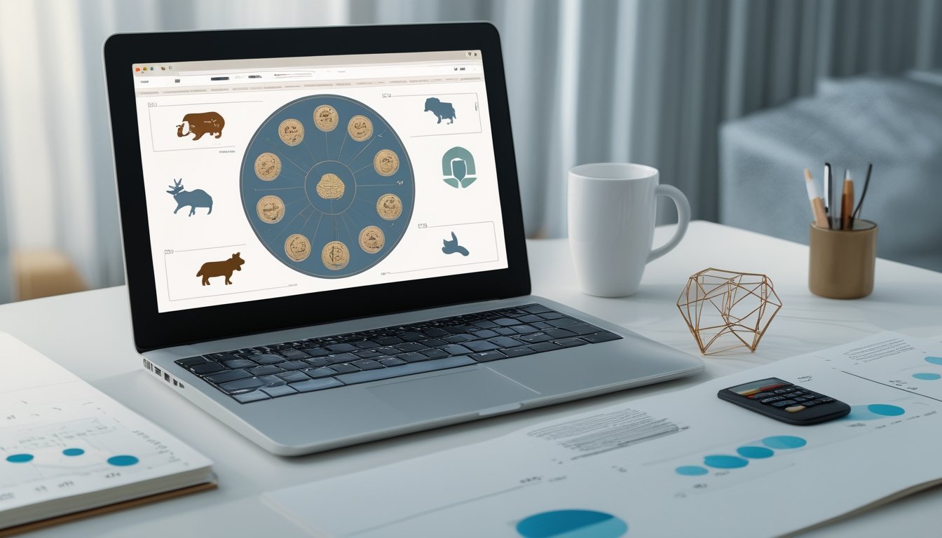 Meja kerja modern dengan laptop berisi grafik abstrak dan simbol dua belas hewan zodiak Tionghoa.