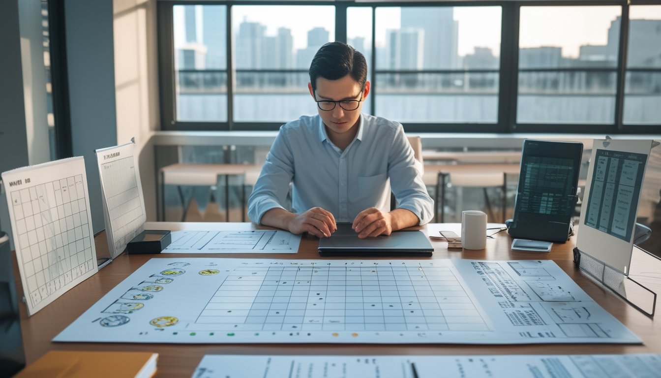 Seorang analis mempelajari tabel zodiak dan pola data di meja kerja modern.