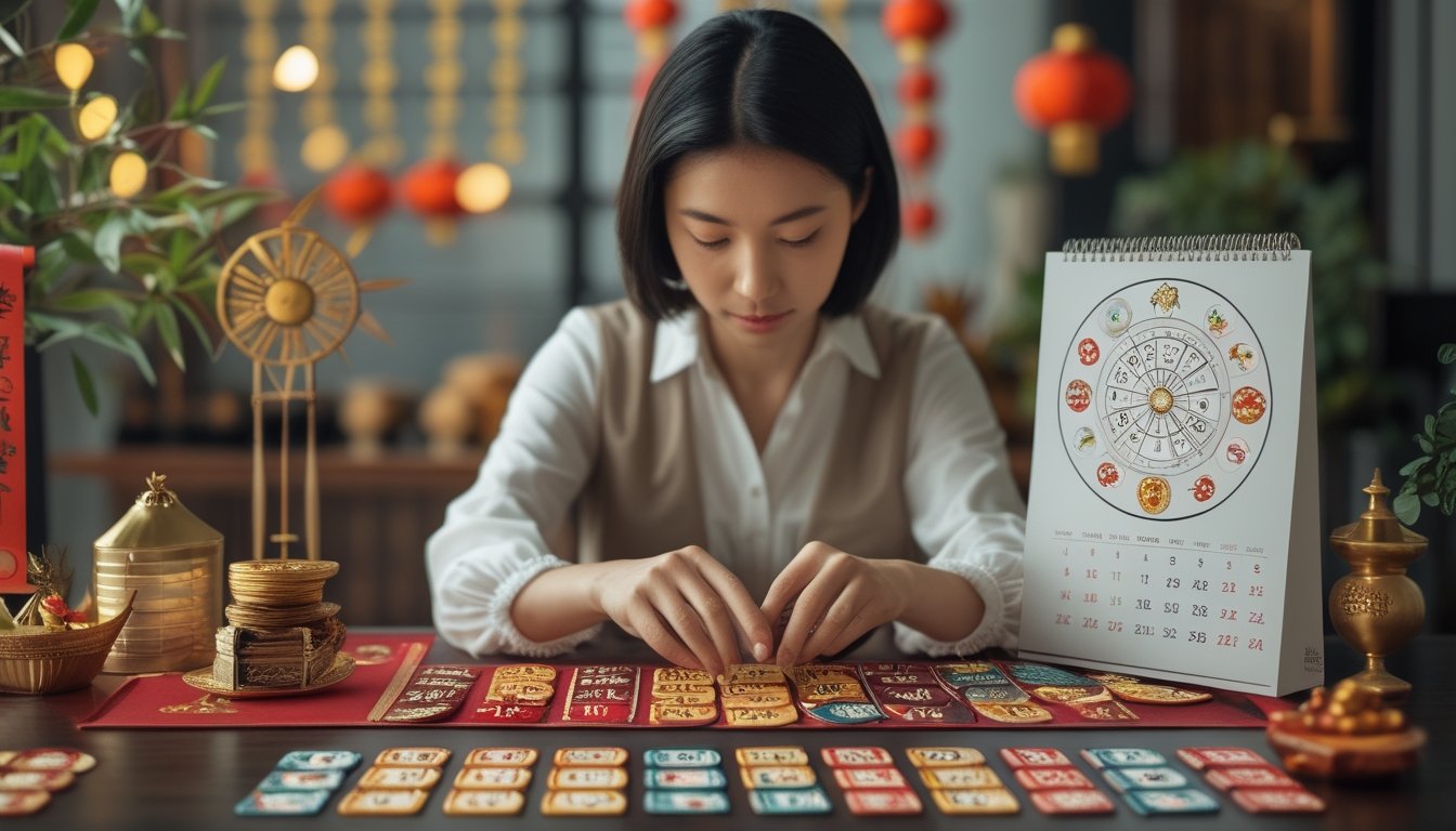 Seseorang mengamati simbol zodiak dan keping angka dekoratif di atas meja dengan ornamen merah dan emas.