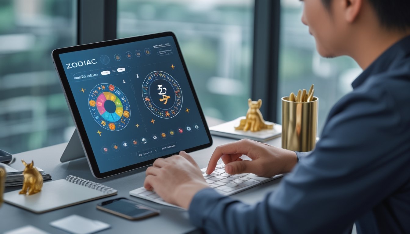 Orang dewasa menganalisis simbol zodiak dan grafik angka abstrak di tablet pada meja kerja.