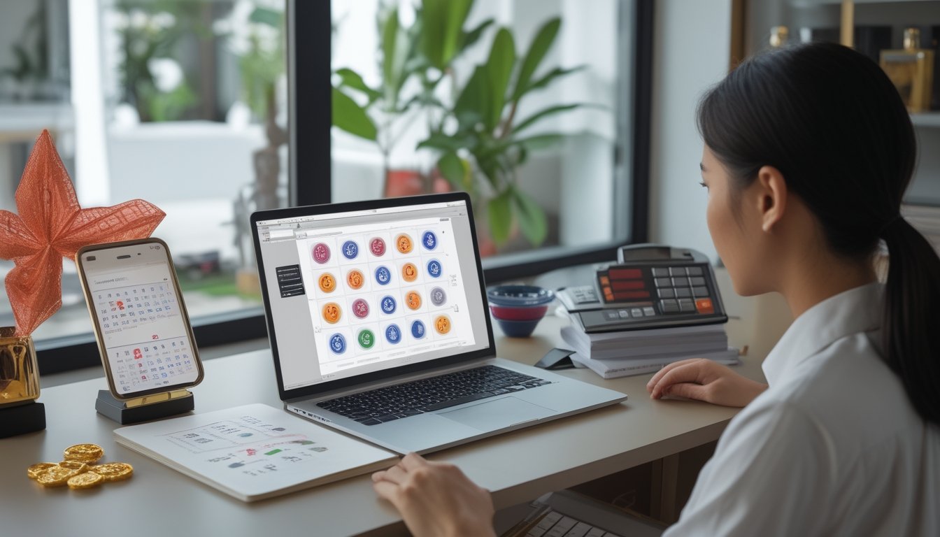 Orang dewasa menggunakan laptop dengan simbol zodiak dan perlengkapan analisis di meja kerja.