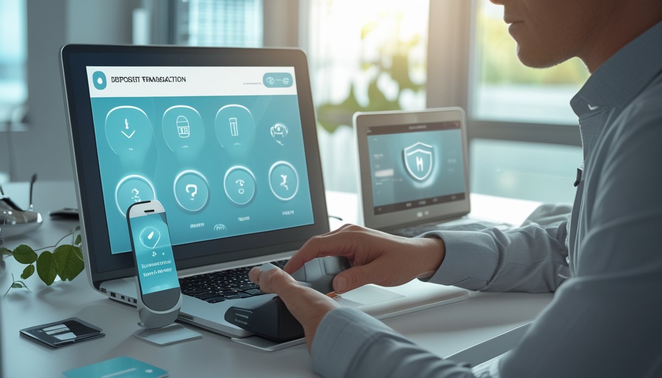 Seseorang menggunakan ponsel dan laptop untuk melakukan transaksi digital dengan simbol keamanan dan dompet elektronik.