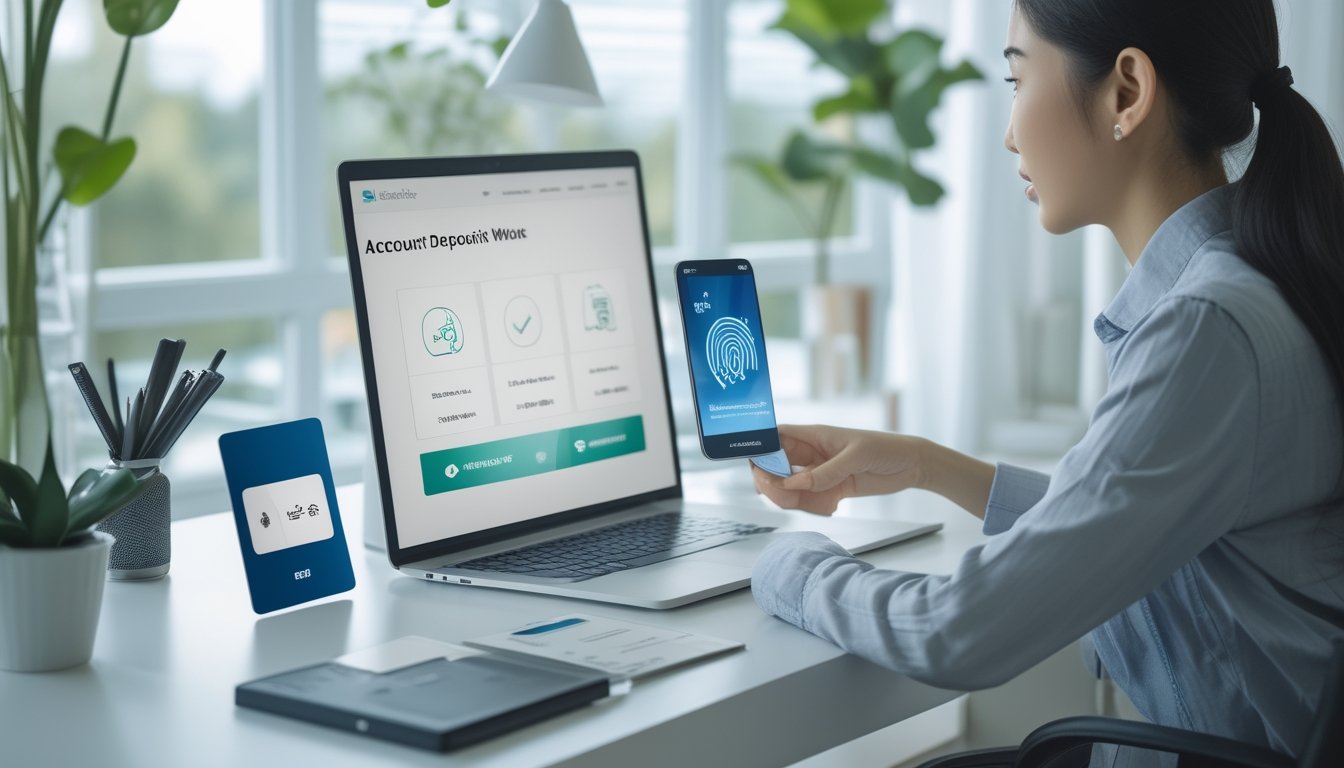 Seseorang menyiapkan transaksi pembayaran digital di meja kerja dengan laptop, ponsel, dan kartu bank.