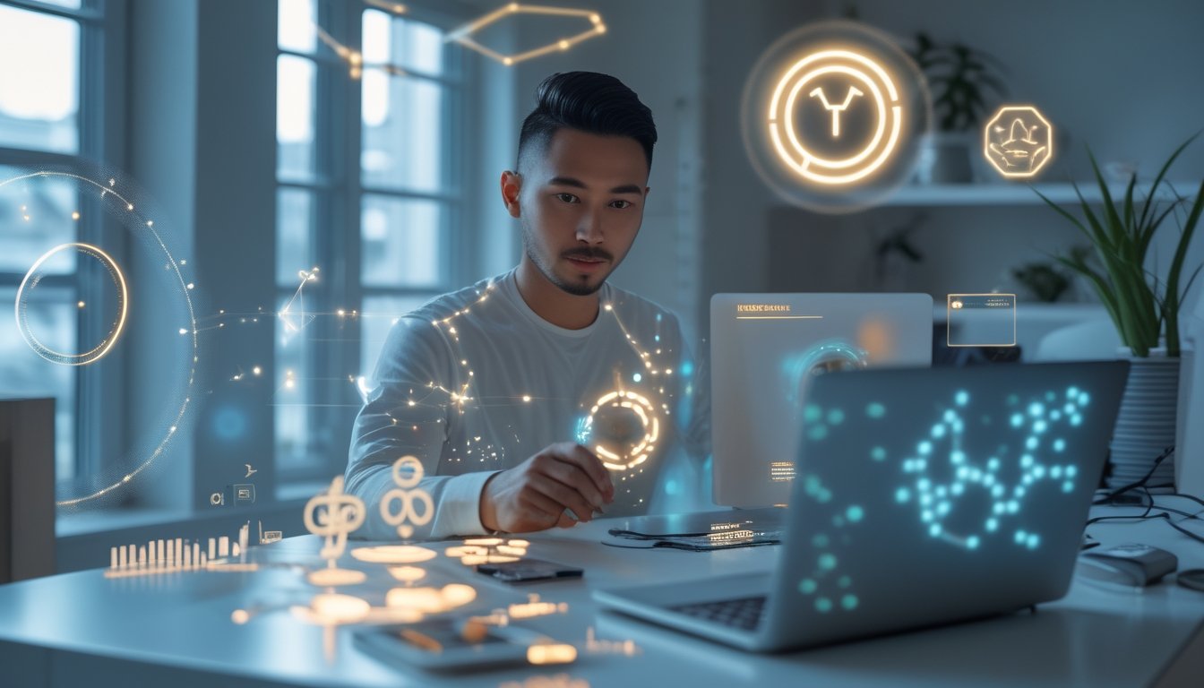 Orang dewasa menggunakan ponsel dan laptop dalam suasana kerja modern dengan elemen simbol zodiak dan teknologi digital.