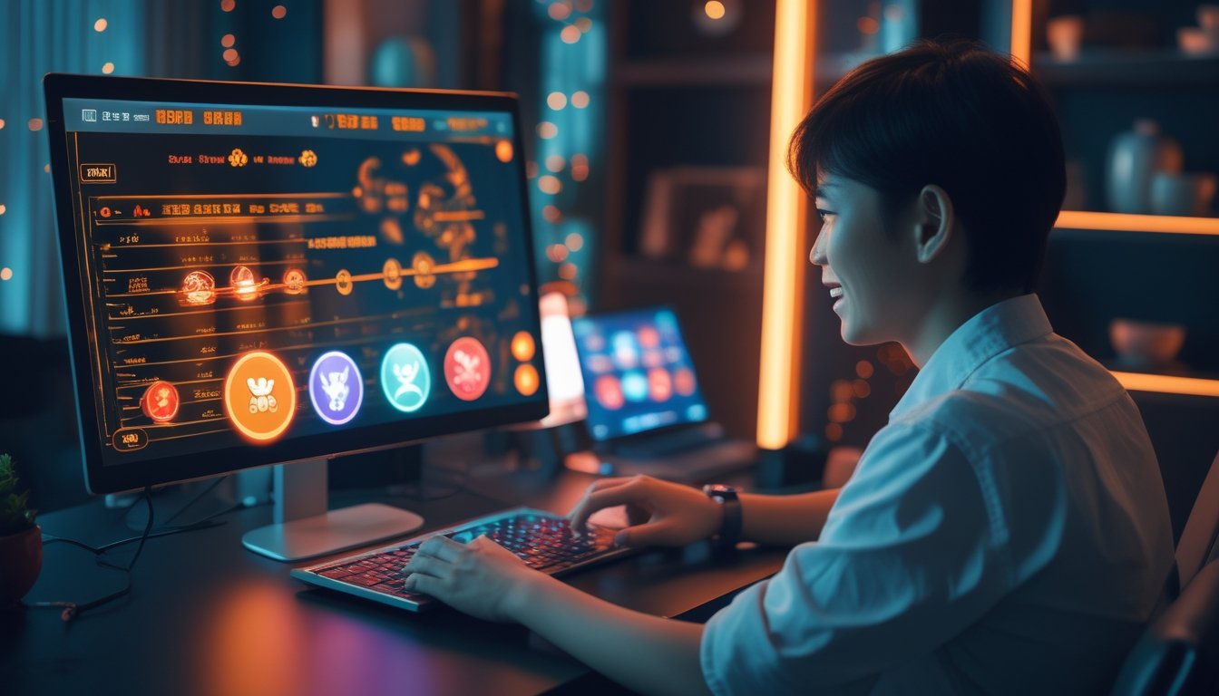 Seorang pria dewasa melihat laptop dengan antarmuka hasil langsung bertema zodiak di ruang kerja modern.