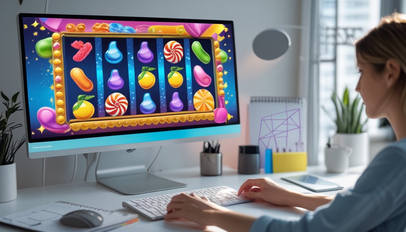 Seseorang memainkan permainan slot bertema permen di meja kerja modern dengan notebook dan kalkulator di sampingnya.