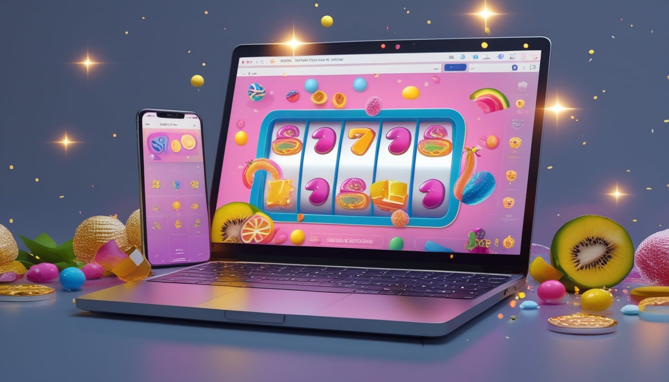Laptop dan ponsel menampilkan permainan gulungan warna-warni dengan permen dan buah tropis di sekitarnya.