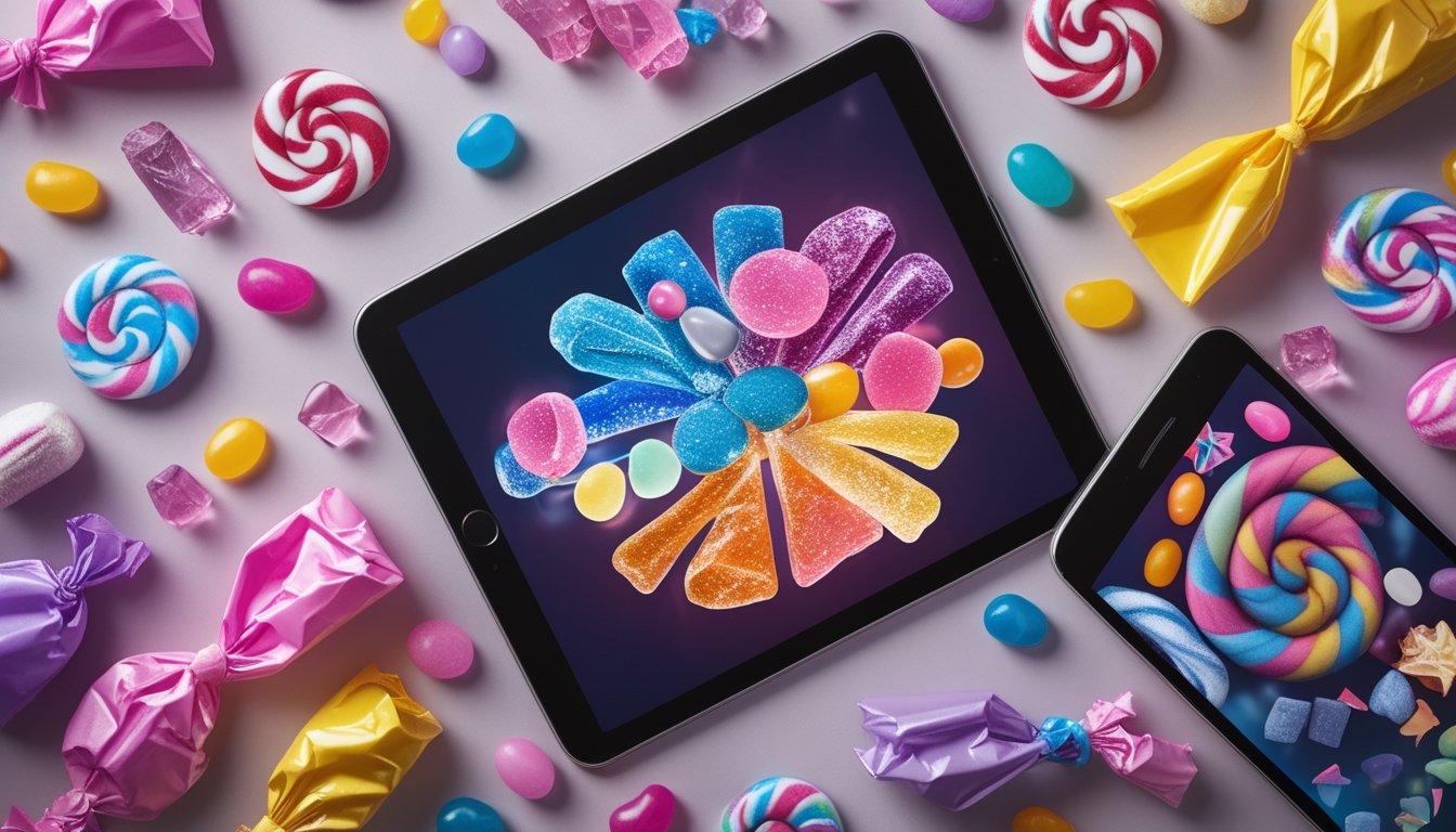 Susunan permen warna-warni mengelilingi ponsel dan tablet dengan pola abstrak cerah.