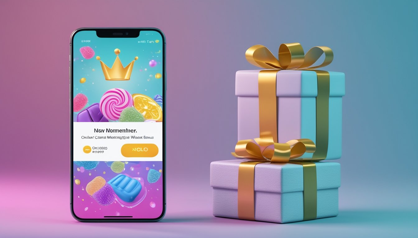 Ponsel dan tablet dengan tampilan digital warna-warni di samping kotak hadiah berhiaskan pita emas.
