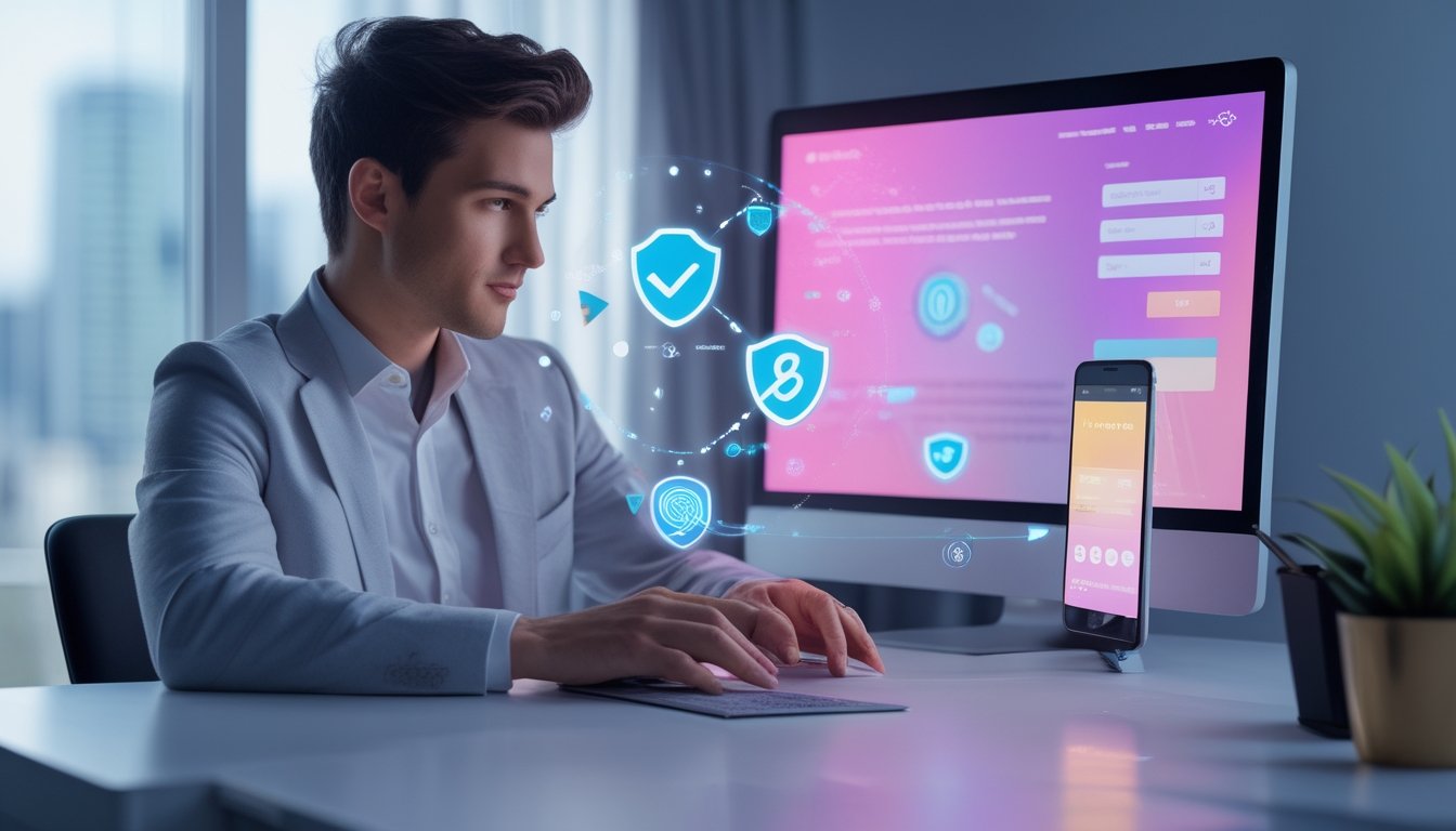 Seseorang mendaftarkan akun secara online menggunakan laptop dan ponsel dengan simbol keamanan serta verifikasi.