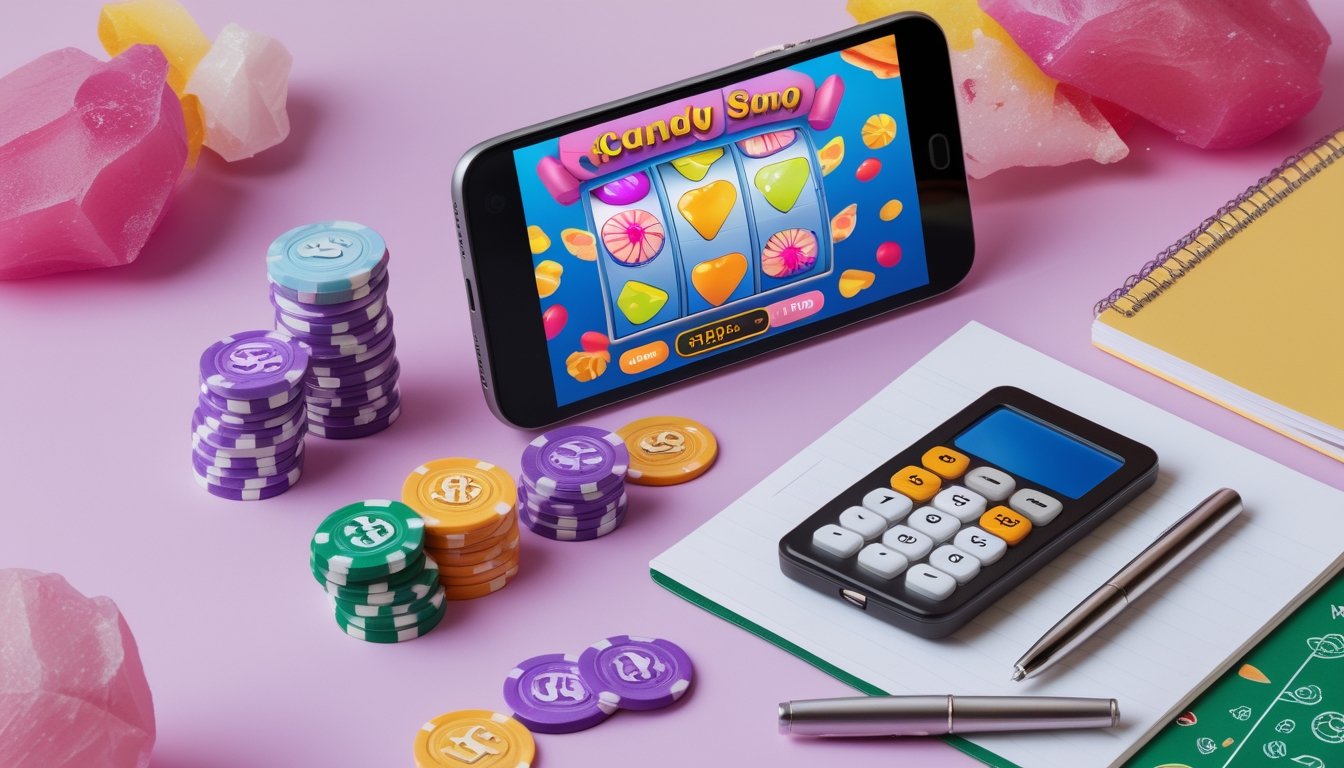 Meja dengan ponsel menampilkan permainan slot warna-warni, tumpukan chip kecil, kalkulator, buku catatan kosong, dan pena.