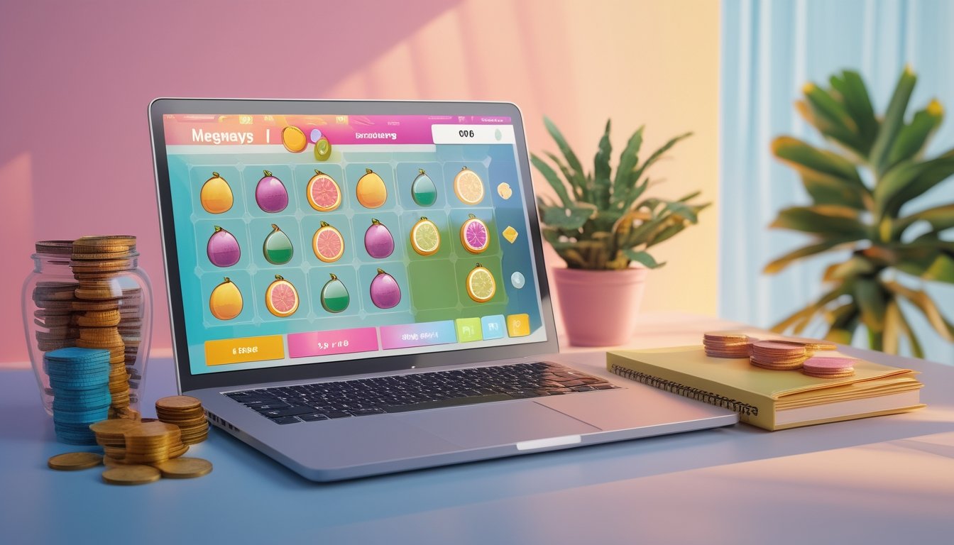 Laptop dengan simbol buah abstrak, koin, chip, kalkulator, dan buku catatan kosong di atas meja.