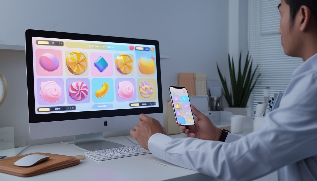 Seorang profesional meninjau permainan digital bertema permen pada laptop dan ponsel di meja kerja modern.