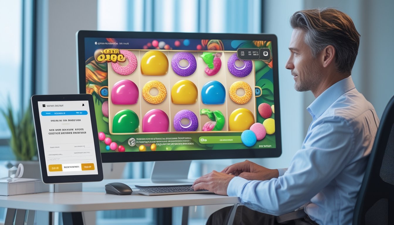 Seseorang menilai platform slot digital berlisensi pada komputer dengan simbol permen warna-warni dan ikon keamanan.