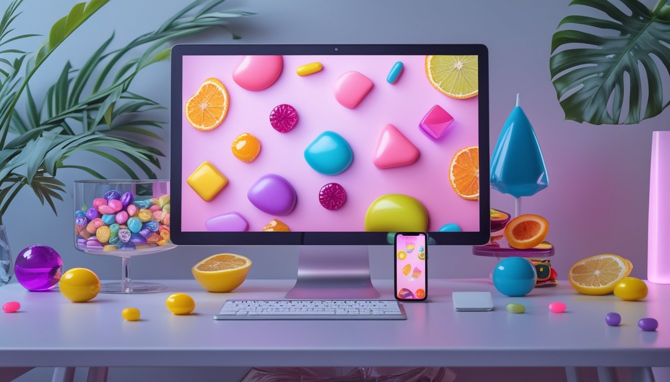 Monitor dan ponsel menampilkan pola warna-warni bertema buah dan permen di atas meja modern.