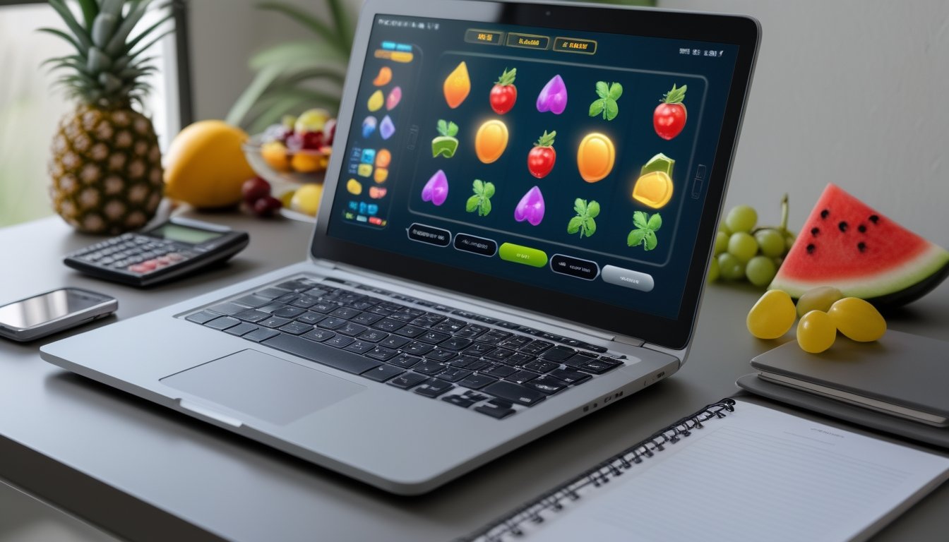 Laptop menampilkan permainan bertema buah dengan ponsel, kalkulator, dan aneka buah di meja.