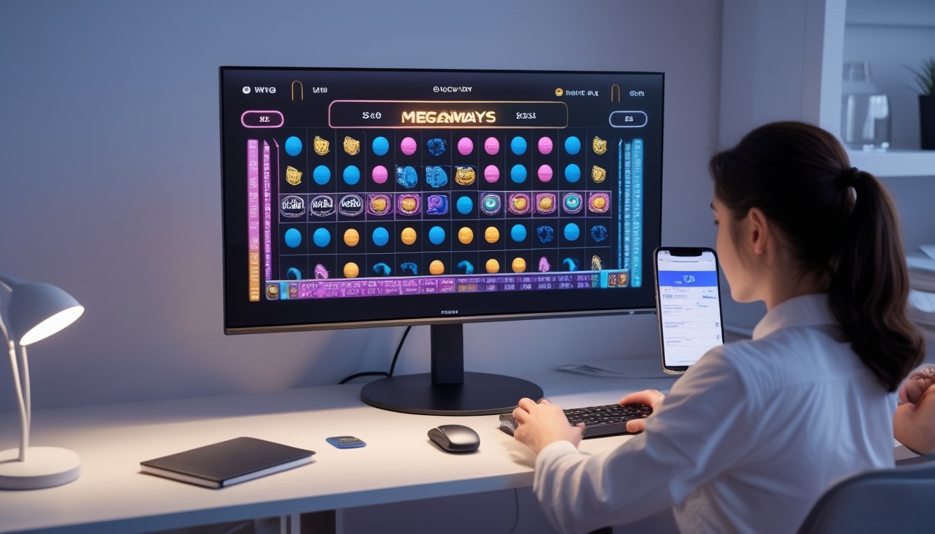 Pemain menganalisis permainan slot bertema permen di depan komputer dengan catatan dan grafik sederhana.