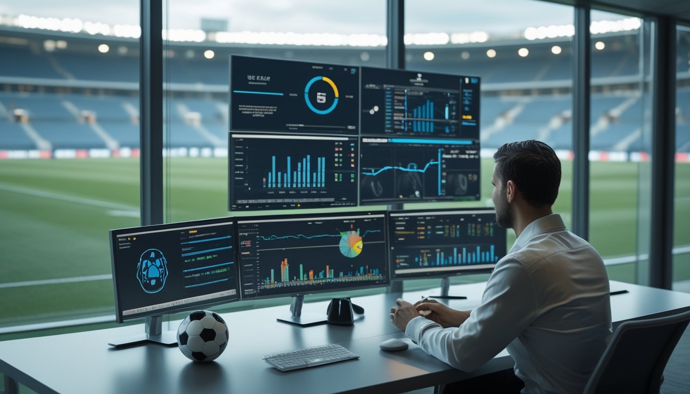 Analis sepak bola mempelajari grafik statistik tim di ruang kerja modern dengan stadion terlihat di latar belakang.