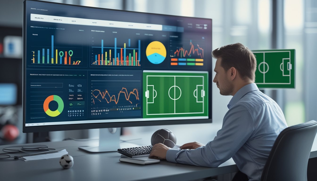 Analis olahraga memeriksa grafik statistik sepak bola di ruang kerja modern dengan bola dan papan taktik.