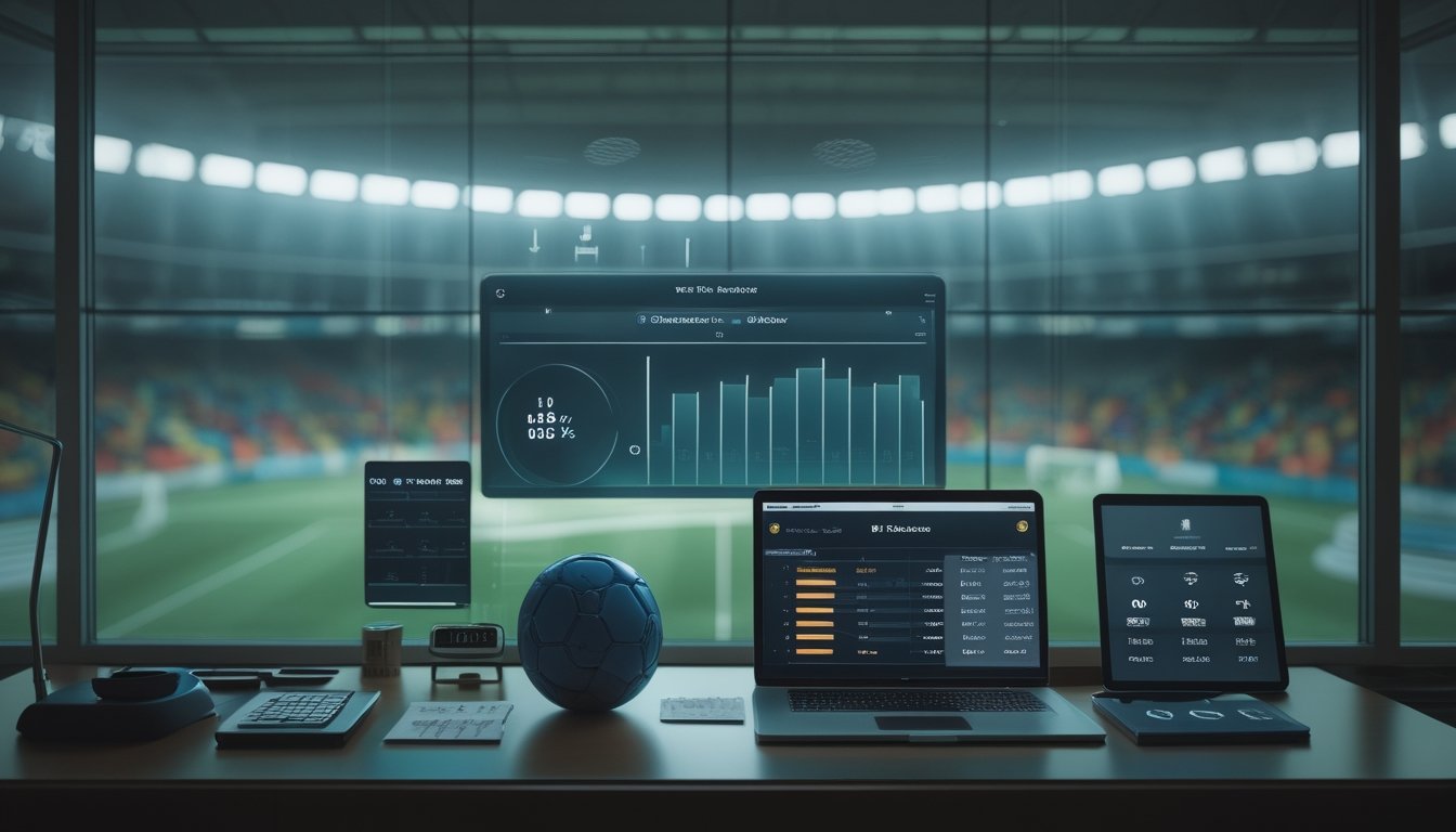 Meja analisis sepak bola dengan bola, perangkat digital berisi grafik pertandingan, dan stadion yang tampak di latar belakang.