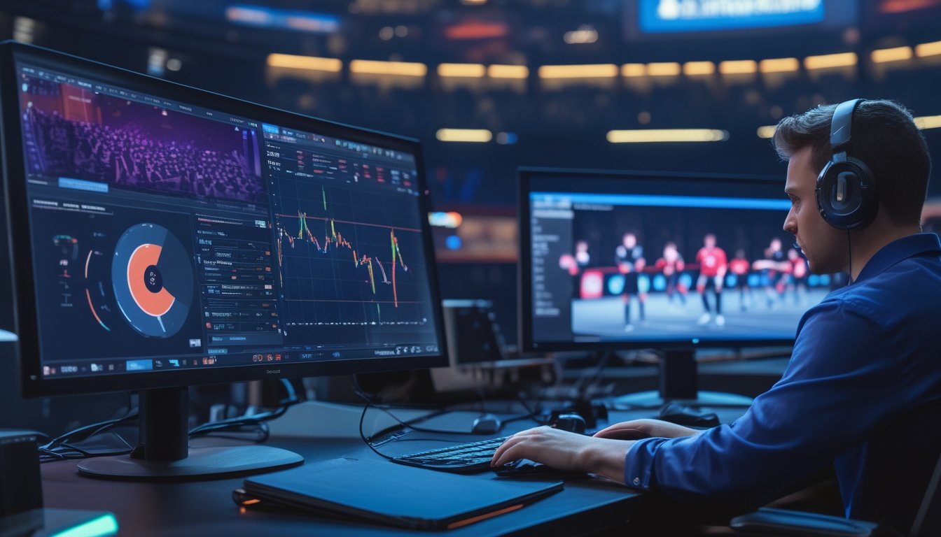 Analis eSports memeriksa statistik pertandingan dan grafik performa tim di meja kerja modern.