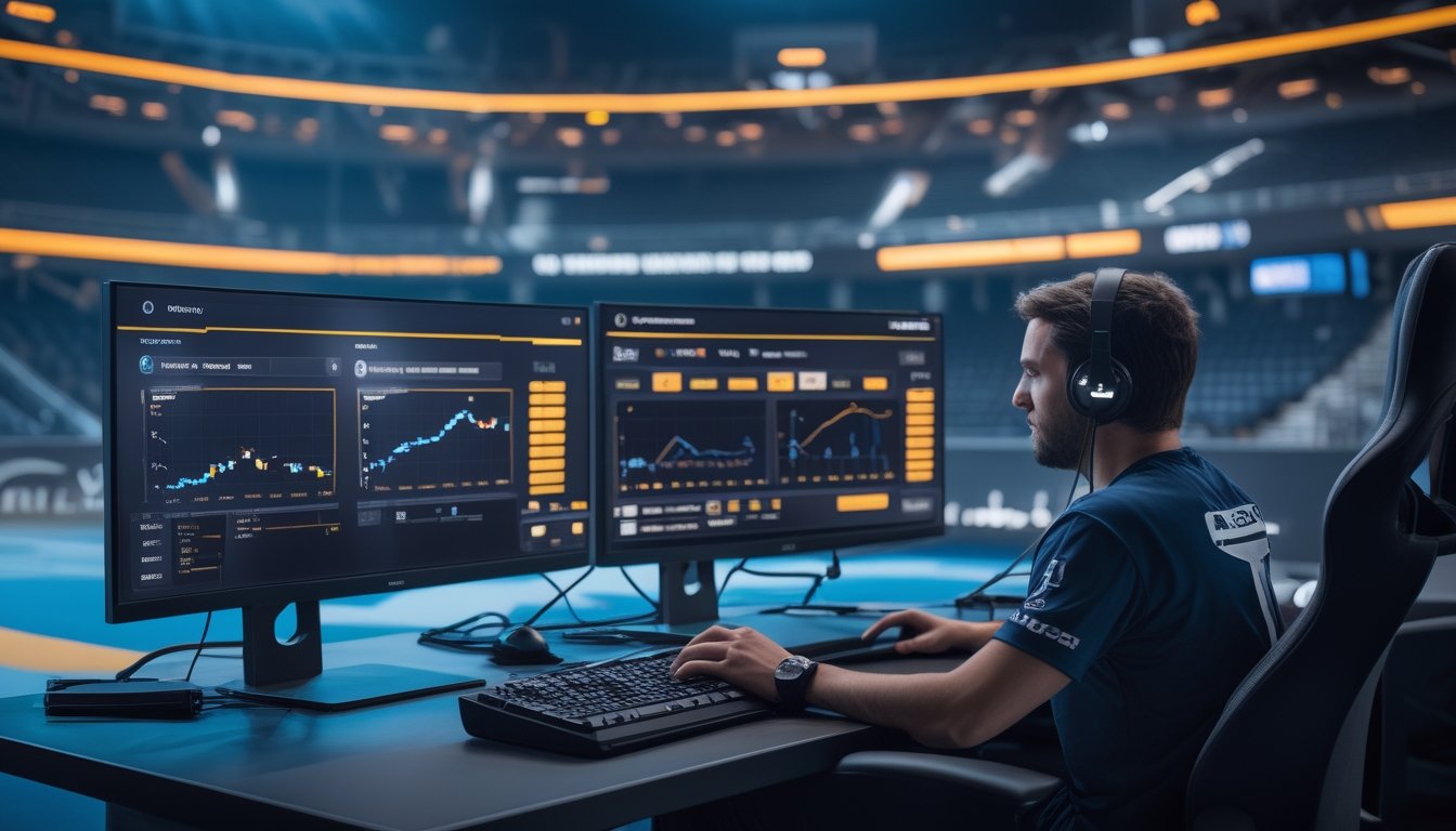 Analis esports menganalisis statistik tim dan grafik peluang di ruang kerja modern.