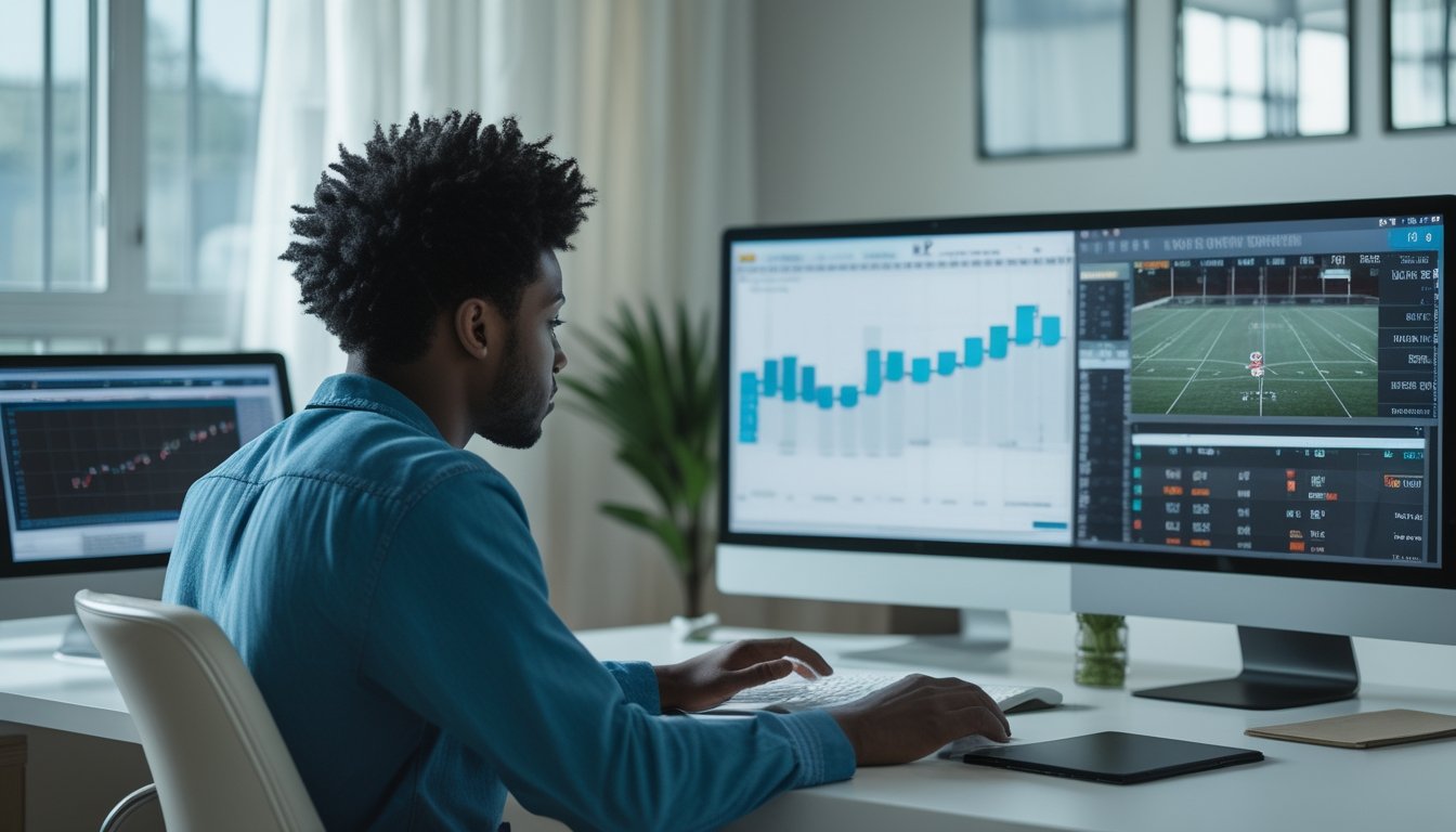 Pemula menganalisis statistik olahraga dan probabilitas di ruang kerja modern.