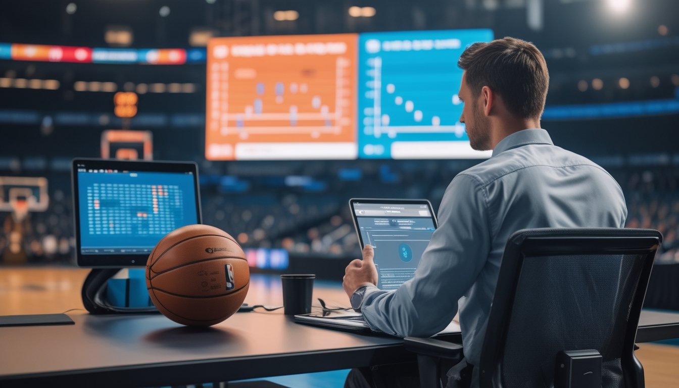 Seorang analis mempelajari data pertandingan basket di ruang kerja modern dengan bola basket di atas meja.