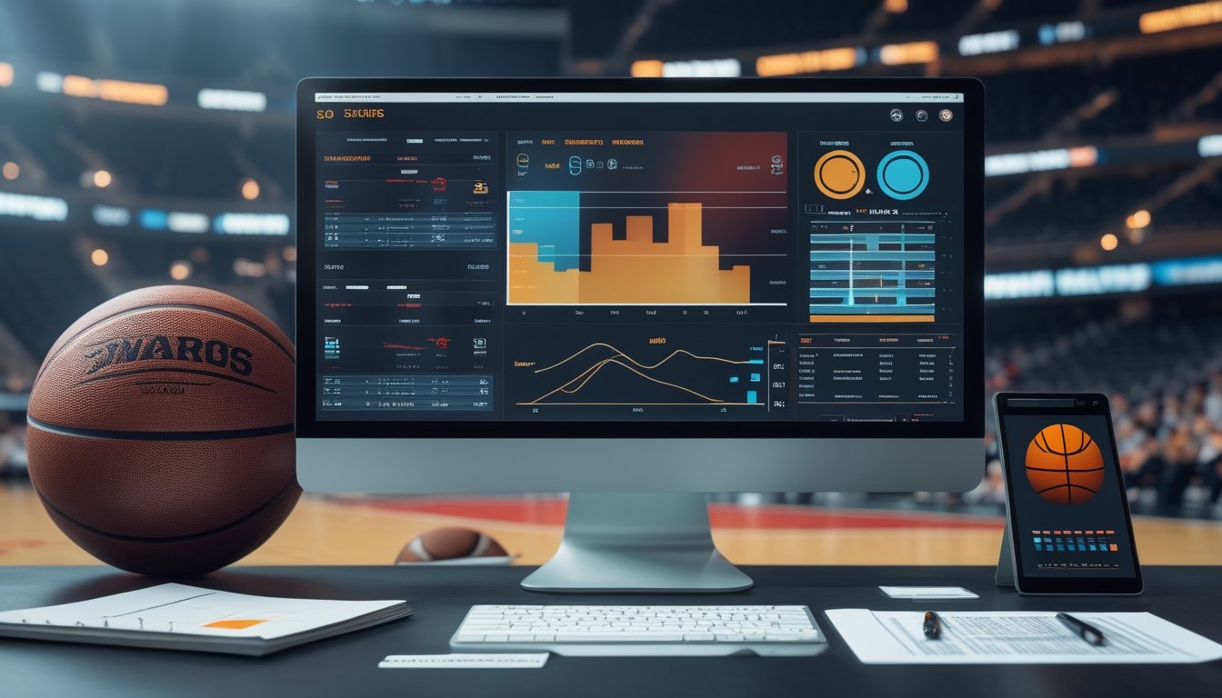 Analis mempelajari data pertandingan basket dengan bola basket dan layar grafik di ruang kerja modern.