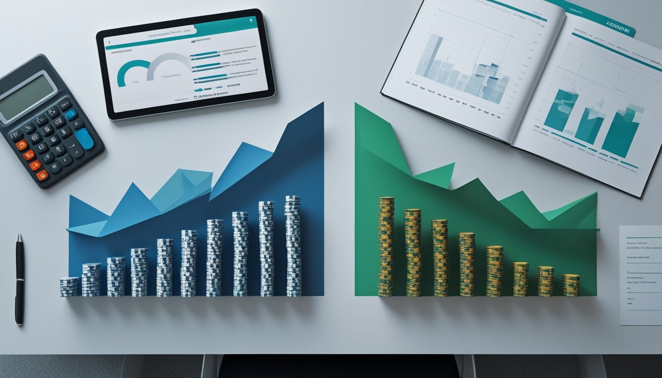 Meja analisis keuangan dengan taruhan tetap dan taruhan proporsional yang divisualisasikan melalui susunan keping dan grafik.