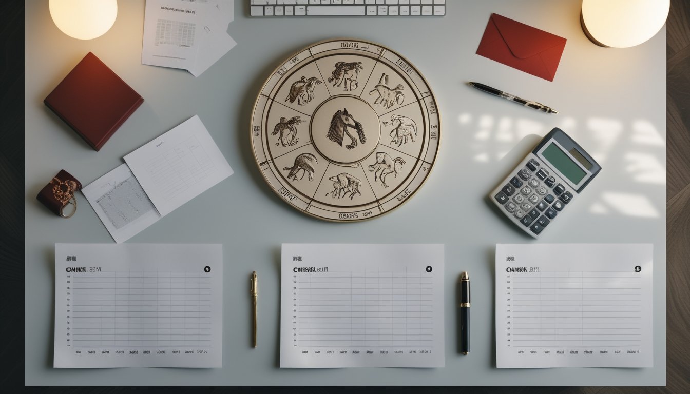 Meja kerja dengan roda zodiak Tionghoa, bagan kosong, kalkulator, dan dekorasi merah emas.