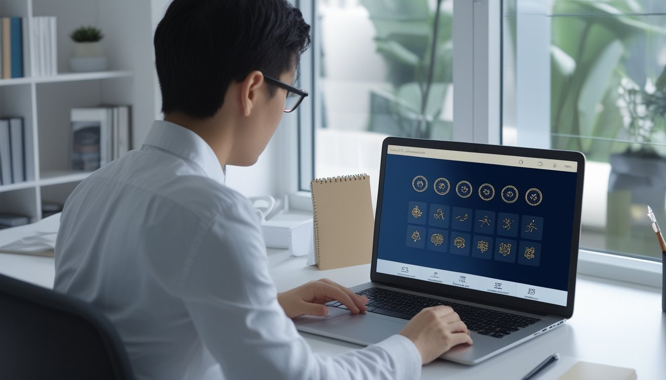 Orang dewasa mempelajari antarmuka zodiak digital di laptop pada meja kerja modern.