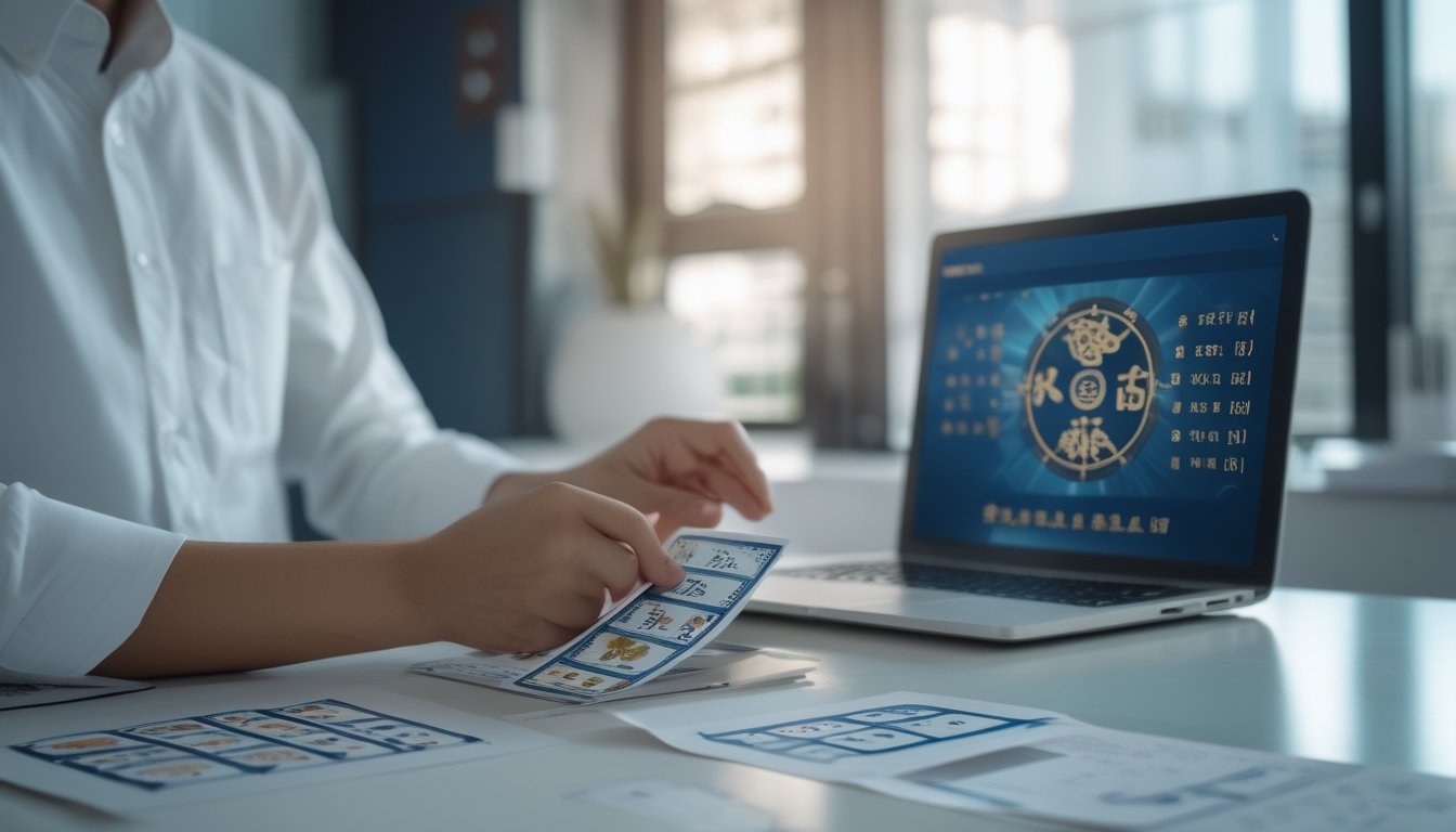Seseorang menganalisis angka dan simbol zodiak di meja kerja modern dengan laptop dan catatan.
