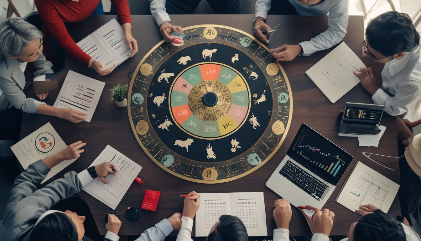 Sekelompok orang mempelajari simbol zodiak Tionghoa dan data peluang di sebuah meja.