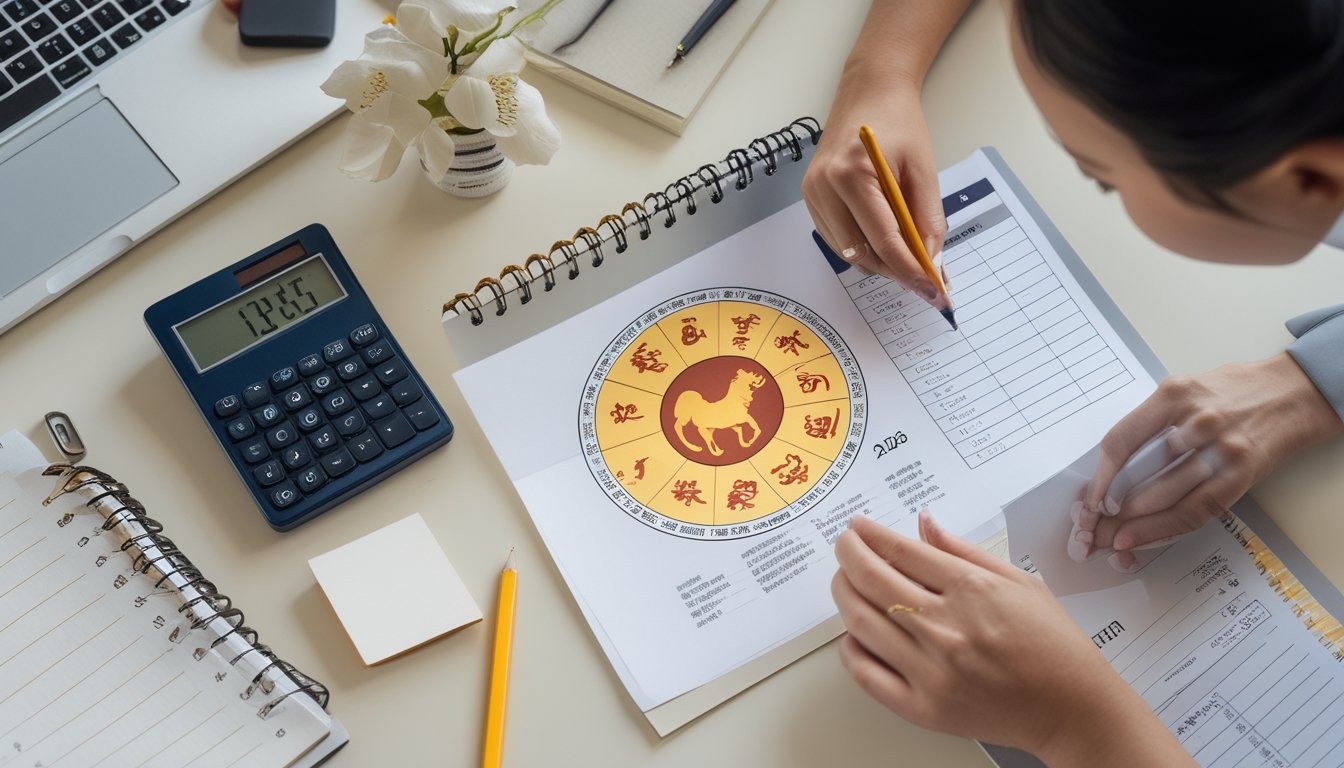 Tangan seseorang membandingkan roda zodiak Tionghoa dengan tabel tahun kelahiran di meja kerja.