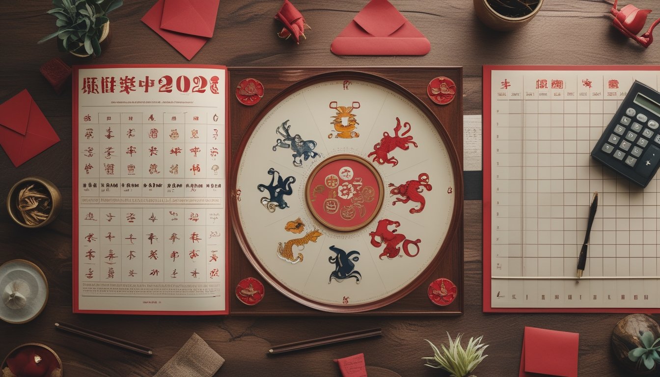 Kalender Tionghoa terbuka dengan roda dua belas hewan shio, tabel kosong, dan kalkulator di atas meja kayu.