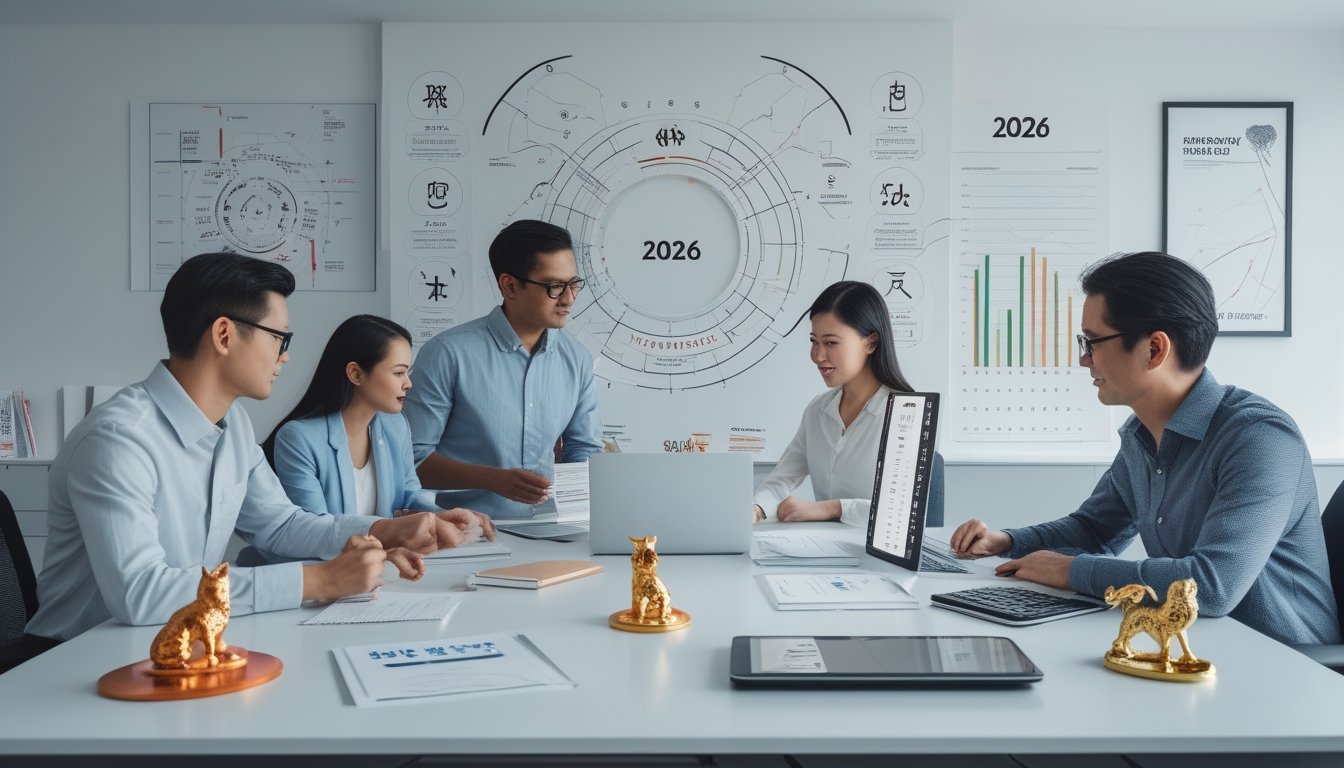 Sekelompok analis mempelajari simbol zodiak dan grafik data di ruang kerja modern.