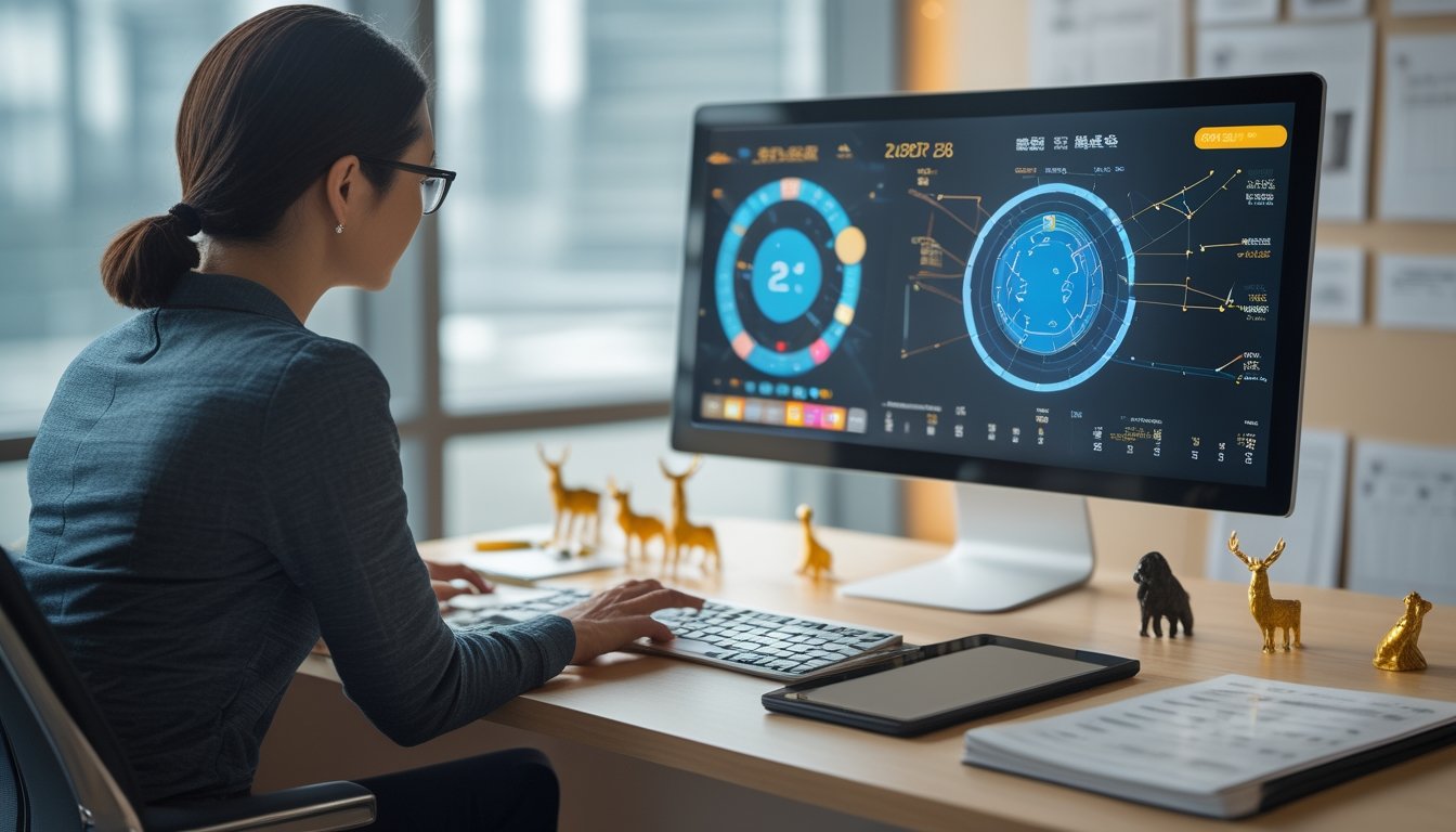 Seorang analis mempelajari grafik abstrak dan simbol zodiak Tionghoa di meja kerja modern.
