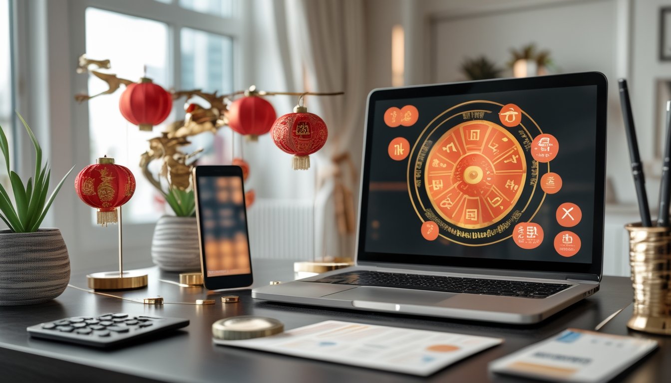 Meja kerja modern dengan laptop, ponsel, ornamen zodiak Tionghoa, dan simbol pembayaran digital.