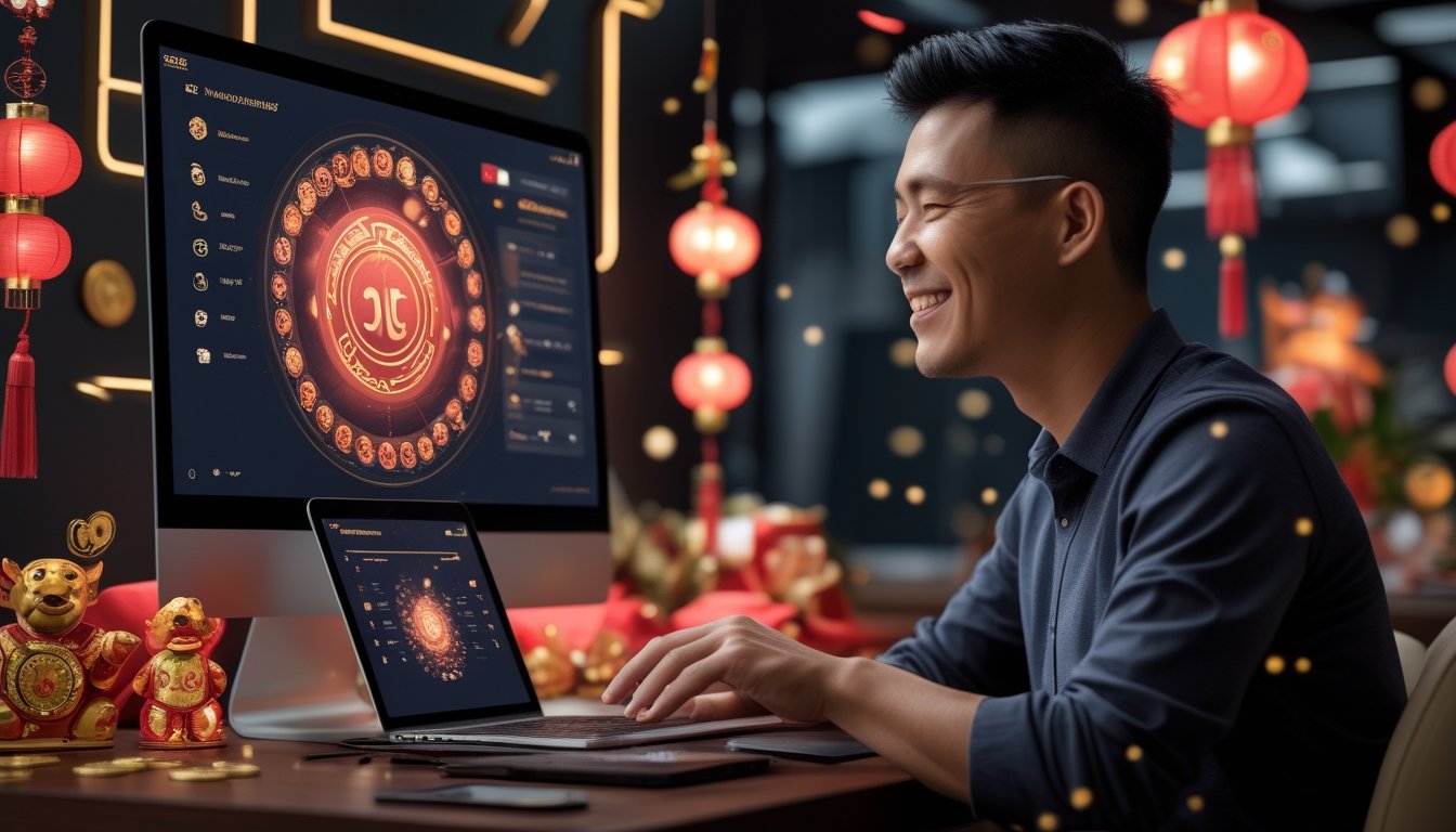 Seseorang menggunakan laptop dengan simbol zodiak dan dekorasi merah emas di atas meja modern.