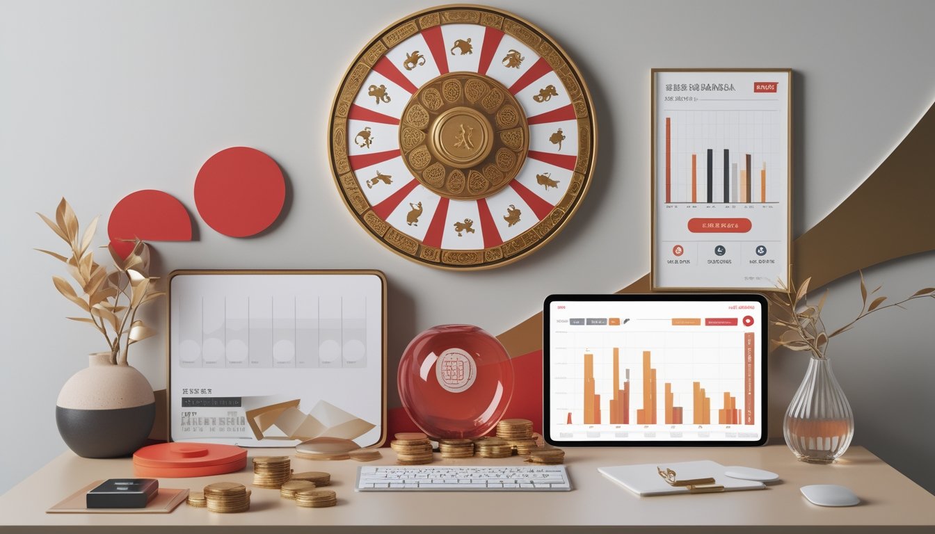 Meja analisis dengan roda simbol shio, grafik abstrak, kalkulator, dan token angka.