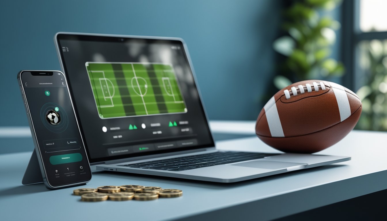 Meja kerja modern dengan bola sepak, laptop, ponsel, dan koin yang menampilkan konsep perbandingan taruhan sepak bola.