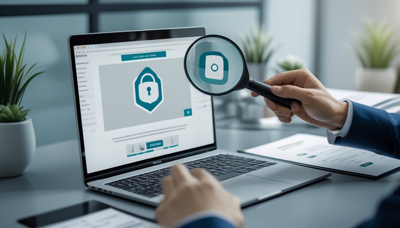 Meja kerja modern dengan laptop, kaca pembesar, dokumen kosong, ikon perisai, dan gembok yang menggambarkan pemeriksaan keamanan platform digital.